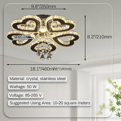 Heart 5 Rings Crystal Chandelier, Modern LED Flush Mount Ceiling Light with K9 Crystals Light Fixture for Bedroom, Living Room, Kitchen Warm White