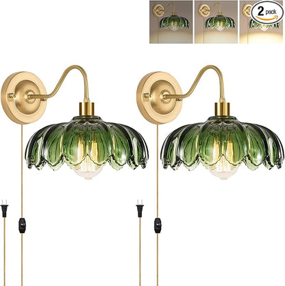 ZECOXOL Vintage Plug in Wall Sconces Set of Two,Dimmable Wall Sconces Lamp with Plug in Cord & Flower Glass Lampshade,Gold Sconces Wall Decor Set of 2 Plug in Wall Lights Sconces for Bedroom