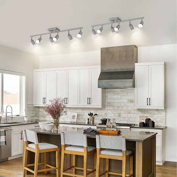 6-Light Nickel Kitchen Track Lighting, Adjustable GU10 Ceiling Light Fixture with Rotatable Heads, Modern Led Track Light for Kitchen, Dining Room, Hallway (Bulbs Not Included)