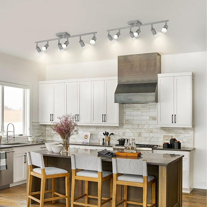 6-Light Nickel Kitchen Track Lighting, Adjustable GU10 Ceiling Light Fixture with Rotatable Heads, Modern Led Track Light for Kitchen, Dining Room, Hallway (Bulbs Not Included)