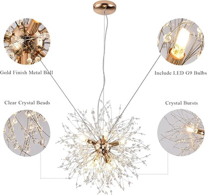 Small Crystal Chandelier, 8-Light Modern Sputnik Hanging Light Fixtures in Gold, Round Dandelion Pendant Lighting for Kitchen Island Bedroom Bathroom Entryway Dining Room (Gold, D15.7inch)