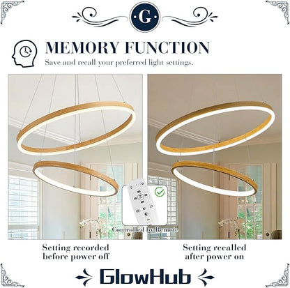 2 Ring LED Chandelier for Dining Room, Wood Grain Circular Pendant Light Fixture Modern Boho Round Hanging Light Coastal Chandelier for Entryway Bedroom Office, 20 Inches Dimmable 3000-6500K