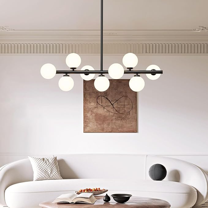 Mid Century Modern Sputnik Chandeliers: 9-Light Black Linear Dining Room Light Fixture - 40" Long Modern Milk White Glass Globe Pendant High Ceiling Chandelier Lighting for Living Room Kitchen Island