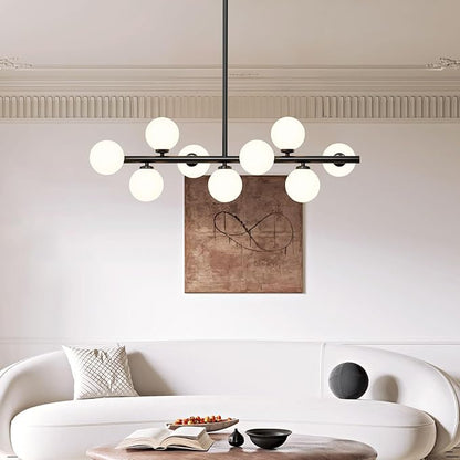 Mid Century Modern Sputnik Chandeliers: 9-Light Black Linear Dining Room Light Fixture - 40" Long Modern Milk White Glass Globe Pendant High Ceiling Chandelier Lighting for Living Room Kitchen Island