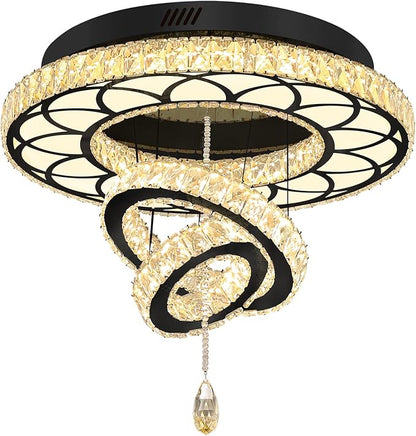 Flashing God Dia 24" Modern Crystal Chandelier for Dining Room Black Ceiling Chandelier Flush Mount Ceiling Light for Living Room Bedroom Hallway