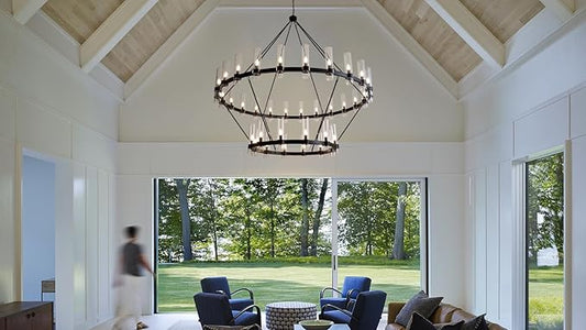 70 Inch Black Wagon Wheel Chandelier 2 Tier with Glass Shade, 36 Lights, Modern Farmhouse Style, Ideal for Dining Room, Kitchen, Entryways