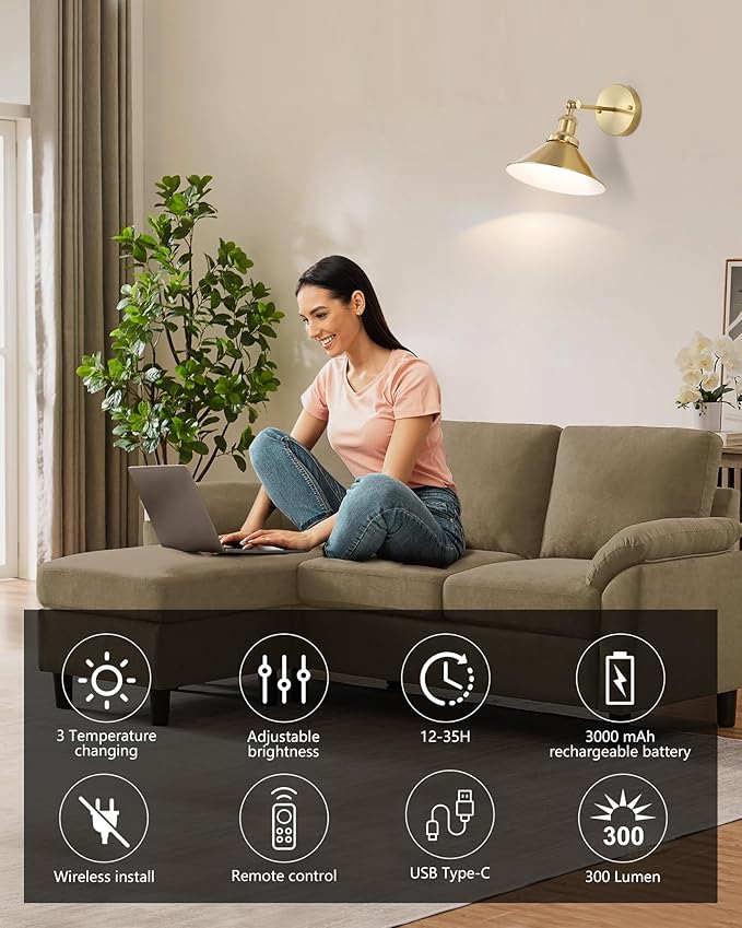Bailoch Gold Vintage Wireless Battery Operated Wall Sconces, Rechargeable Cordless Battery Powered Led Wall Lights Set of 2, Wall Lamp Fixture Indoor with Remote Control for Bedroom Farmhouse Gallery