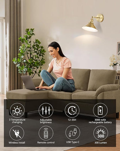 Bailoch Gold Vintage Wireless Battery Operated Wall Sconces, Rechargeable Cordless Battery Powered Led Wall Lights Set of 2, Wall Lamp Fixture Indoor with Remote Control for Bedroom Farmhouse Gallery