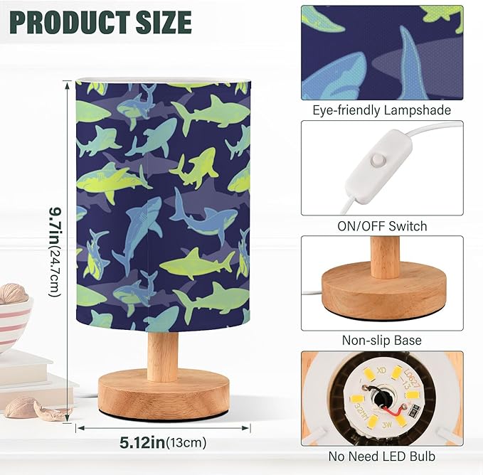 Table Lamp Shark Underwater Pattern Nightstand Lamp with Wood Base Fabric Lamp Shade Bedside Desk Lamp for Living Room Bedroom Kids Room Office