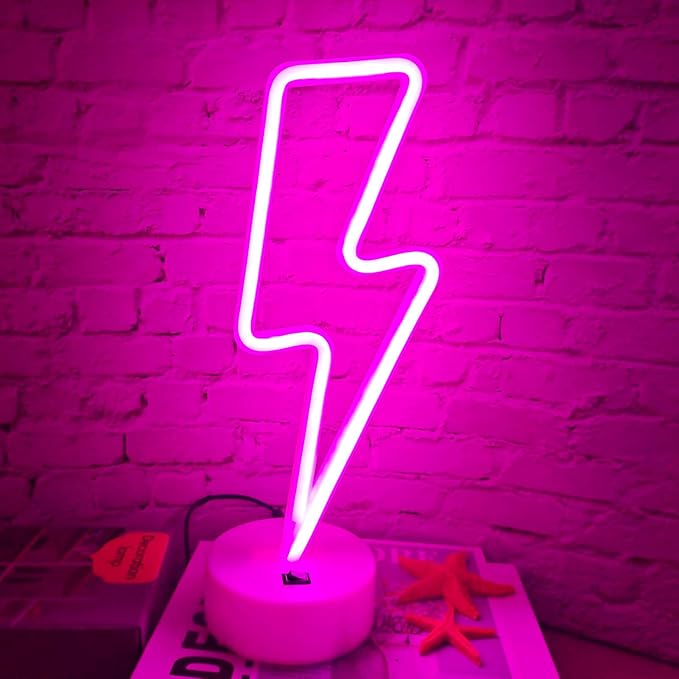 Pink Lightning Bolt Neon Sign, Aesthetic Room Decor for Bedroom, Battery/USB Operated LED Light with Base
