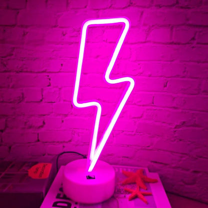 Pink Lightning Bolt Neon Sign, Aesthetic Room Decor for Bedroom, Battery/USB Operated LED Light with Base