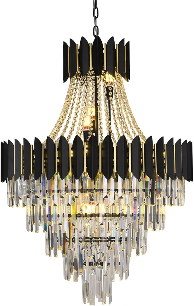 Luxury Modern Crystal Chandelier Lighting, Raindrop Crystal Chandelier Black Finish 5-Tier Ceiling Hanging Pendant Light Fixtures for Dining Room Living Room Foyer Hallway (D32in-21 Lights)