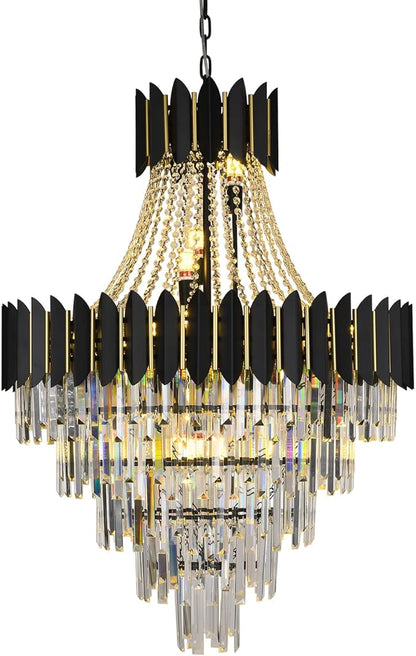 Luxury Modern Crystal Chandelier Lighting, Raindrop Crystal Chandelier Black Finish 5-Tier Ceiling Hanging Pendant Light Fixtures for Dining Room Living Room Foyer Hallway (D32in-21 Lights)