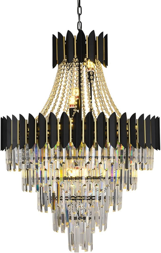 Luxury Modern Crystal Chandelier Lighting, Raindrop Crystal Chandelier Black Finish 5-Tier Ceiling Hanging Pendant Light Fixtures for Dining Room Living Room Foyer Hallway (D32in-21 Lights)