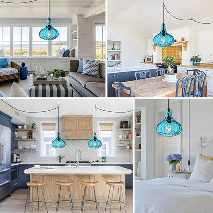 Blue Glass Plug in Pendant Light Fixture, Mid-Century Modern Pendant Lamp with 14.7 ft Cord Hammered Glass Globe Shade,Black Vintage Plug in Hanging Light for Bedroom Dining Living Room