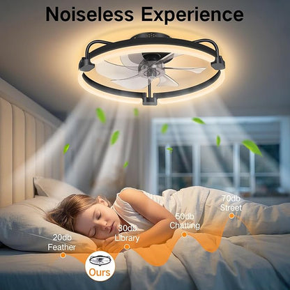 OUTON 20" Ceiling Fan with Light, Remote & App Control, Fandelier Low Profile Flush Mount Ceiling Fan with 3000K-6500K Stepless Dimmable, 6 Speed, Quiet DC Motor, Small Modern Ceiling Fans for Bedroom