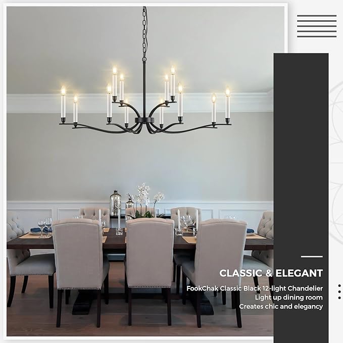 Black Living Room Chandelier 12 Light Hight Ceiling Foyer Candle Chandelier Large Dining Room Light Fixture Over Table 44in Metal Modern Chandeliers Hanging Light for Entry Master Bedroom