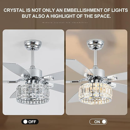 Chandelier Ceiling Fans with Lights and Remote,Caged Ceiling Fan with Light,App 5 Blades E26 Fandelier Ceiling Fans with Lights,Crystal Ceiling Fan for Bedroom,Living Room. (Nickel, 52 Inch)