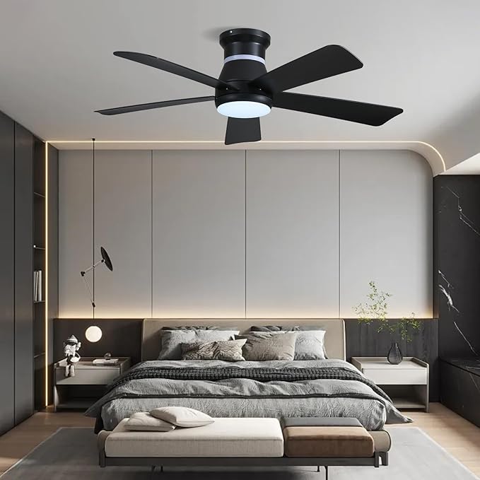Surtime 46" Black Ceiling Fans with RGB Lights - Flush Mount Ceiling Fan Light with LED 3CCT Dimmable, Modern Low Profile Ceiling Fans for Indoor Party,Covered Outdoor