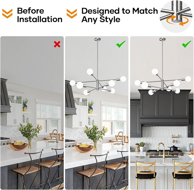 Sputnik Chandeliers Dining Room Light Fixture (8-Light, 30-Inch), Modern Brushed Nickel Chandelier, Height Adjustable Mid Century Modern Chandeliers for Dining Room Kitchen Island (Bulbs Not Included)