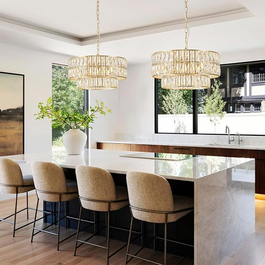 CATINER 20'' Modern Gold Crystal Chandelier Luxury Semi Flush Mount Ceiling Light Fixtures 6-Lights Round Crystal Pendant Chandelier for Dining Room Foyer Living Room Bedroom