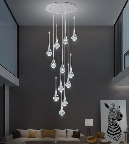 Modern Crystal Staircase Chandelier for High Ceilings, Glam LED Dimmable Pendant Light Living Room Entryway Foyer Chandelier Lighting Fixture Chrome 12-Lights