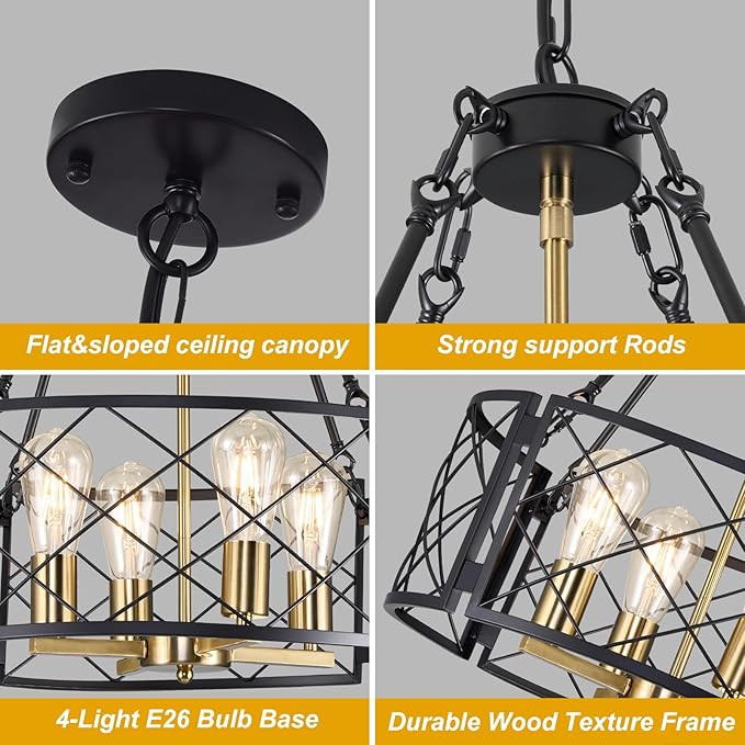 20'' Farmhouse Chandelier, 4-Light Black and Gold Dining Room Light Fixture Over Table, Rustic Industrial Drum Hanging Pendant Lights Fixture for Kitchen Island Living Room Bedroom Hallway Entryway