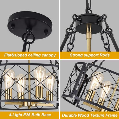 20'' Farmhouse Chandelier, 4-Light Black and Gold Dining Room Light Fixture Over Table, Rustic Industrial Drum Hanging Pendant Lights Fixture for Kitchen Island Living Room Bedroom Hallway Entryway