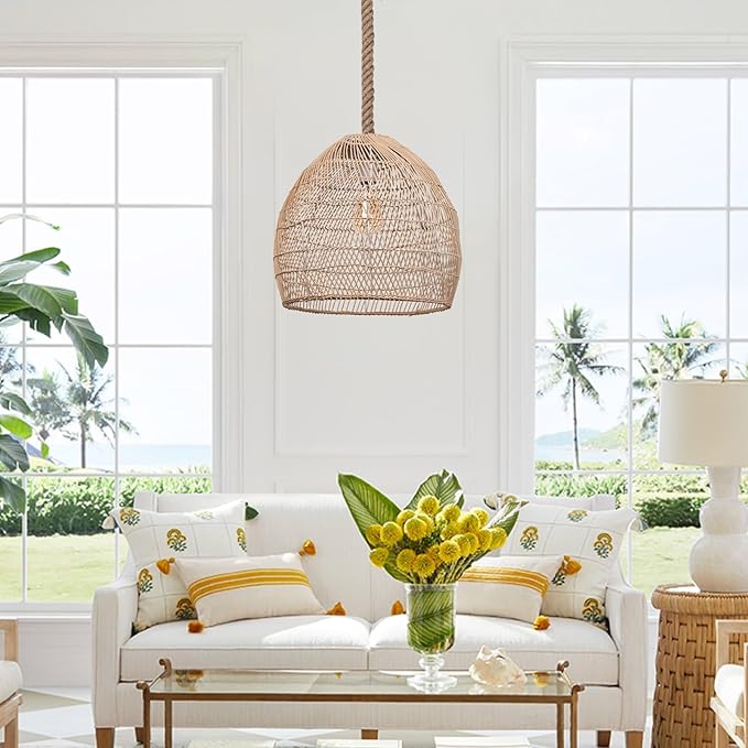 1 Light Rattan Chandelier Woven Pendant Light Fixture, Boho Coastal Wicker Hanging Ceiling Lighting for Kitchen, 15.74"W Large Lampshade for Living Room Bars Restaurants