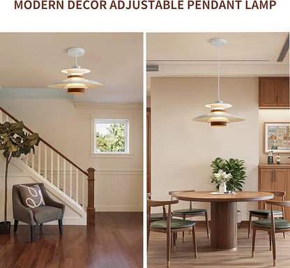 EFINEHOME Modern Decor Adjustable Pendant Lamp Kitchen Island, Aluminum and Wood Finish,1-Light E26 Base Ceiling Hanging Light for Dining Room Shop Restaurant (White+Dark Wood Grain, 35cm)