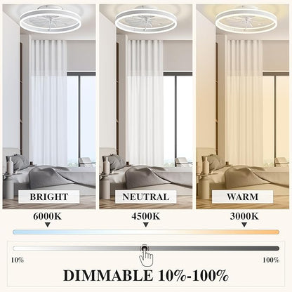 Ceiling Fans with Lights and Remote Fandelier 20''- Low Profile Modern - Flush Mount Ceiling Fans for Bedroom,Stepless Color Temperature and 6 Speeds - White
