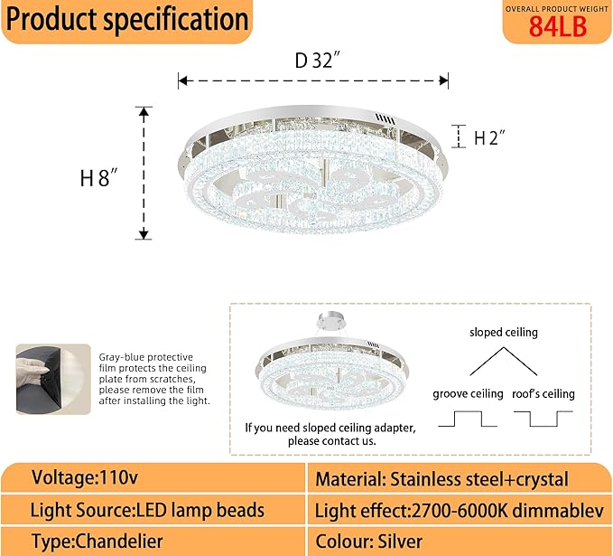 Modern Crystal Chandeliers for Dining Room Flush Mount Ceiling Chandelier for Living Room Dining Room Ring LED Crystal Ceiling Light (Round,32in Silver,Dimmable 2700K-6500K)