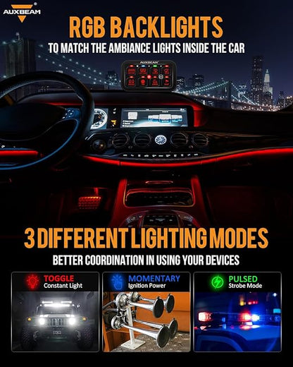 Auxbeam 8 Gang Switch Panel RA80 Toggle Momentary Pulsed RGB Dimmable Multifunction Switch Panel Easy Installation Marine Switch Pod IP65 Waterproof for Car Boat RV, 3 Years Warranty