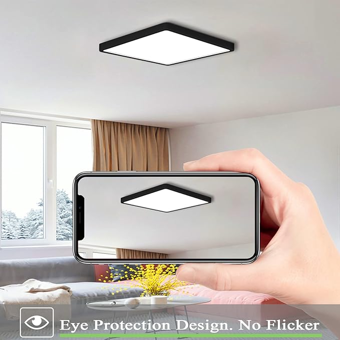 Flush Mount Ceiling Light, 3000K/4500K/6500K switchable Ceiling Light, 12 Inch Flush Mount Light, 36W Square Ceiling Mount Light Fixture for Kitchen, Bedroom, Living Room, Dining Room (Black)