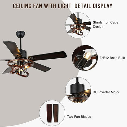 52" Ceiling Fan with Lights and Remote,Industrial Farmhouse Ceiling Fan with Adjustable Wood Grain Iron Cage,5 Reversible Dual-Color Blades,DC Quiet Motor,6 Speeds,Timer for Bedroom Living Room