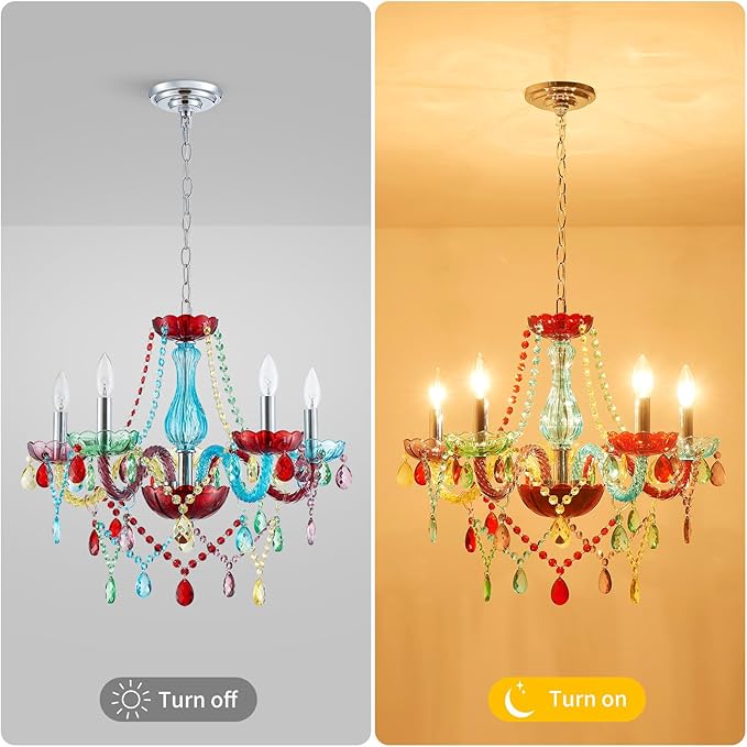 5-Lights Children Chandeliers, Modern Candy Design, Colorful Crystal Chandeliers for Bedroom, Dining Room, D22.8'' × H33.5'', Adjustable Height (33.5"~70.9"), Youth Color & Chrome Finish Frame