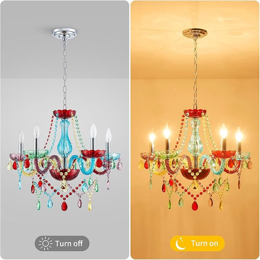 5-Lights Children Chandeliers, Modern Candy Design, Colorful Crystal Chandeliers for Bedroom, Dining Room, D22.8'' × H33.5'', Adjustable Height (33.5"~70.9"), Youth Color & Chrome Finish Frame