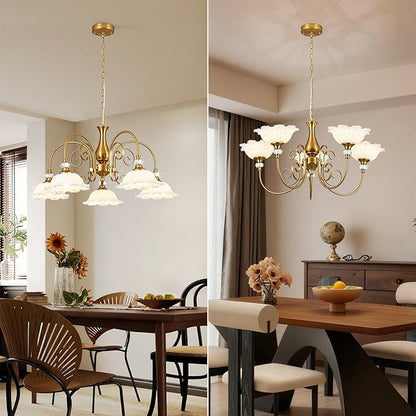 5-Light Vintage Chandeliers in Matte Brass Finish with White Glass Shades, Retro Chandelier Light for Dining Room, Hallway, Kitchen