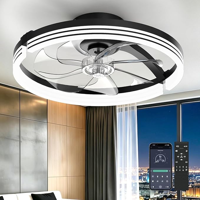 AIKVSXER Ceiling Fans with Lights,20 Inch Low Profile Fandelier with APP Control, Ultra Quiet,3CCT and 6 Wind Speeds for Bedroom, Living Room Modern Flush Mount Fan Light (Black, 20inch-Stripe Fold)