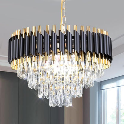 FRIXCHUR Modern Crystal Chandelier 20" Black Flush Mount Led Crystal Ceiling Light 4 Tiers Raindrop Crystal Pendant Light Led Chandelier for Bedroom Dining Room Entryway E12*7(Exclud Bulbs)
