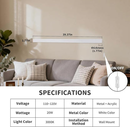 KELUOLY Modern Plug in Long Wall Sconce, 39.3" White Matte LED Wall Lights, 20W Warm White 3000K Acrylic Indoor Wall lamp, with 59" Plug Cable for Bedroom, Living Room, Hallway