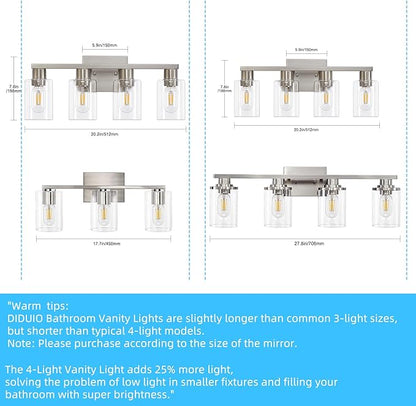 4 Light Bathroom Vanity Light Brushed Nickel Vanity Lights for Bathroom Modern 4-Lights Wall Sconce with Clear Glass Shade for Bedroom Living Room