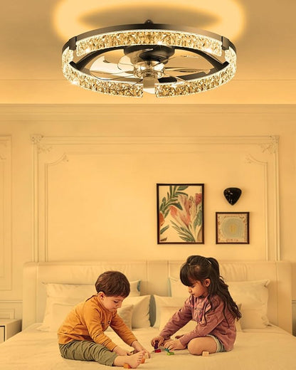 AIKVSXER 20" Low Profile Ceiling Fan with Light and Remote, Dimmable LED Flush Mount Ceiling Fan, 6 Speeds, White Modern Design for Bedroom/Living Room （Black-Crystal）