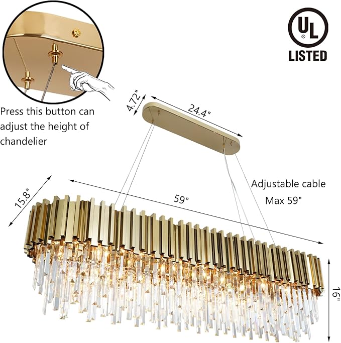 Gold Crystal Chandeliers Dining Room Rectangle L59'' Modern Crystal Chandelier Lighting 22 Light Contemporary Ceiling Light Fixture Chandelier Over Dining Table Golden Extra Large