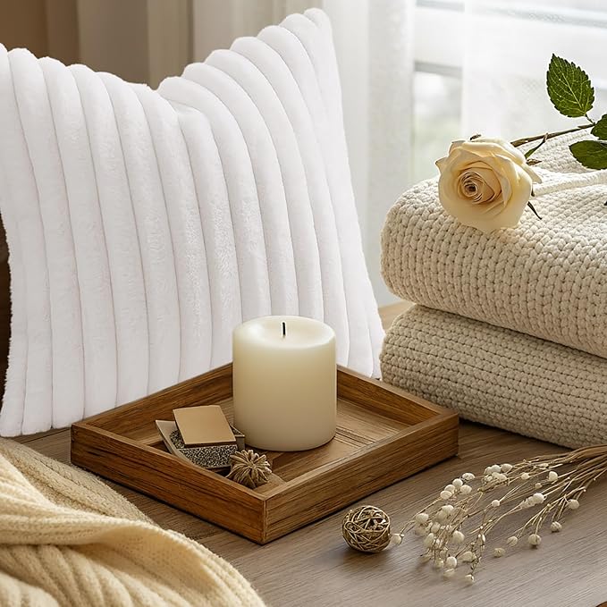 decorUhome Summer Cozy Faux Fur Throw Pillow Covers 12x20 Set of 2 Decorative Soft Plush Striped Lumbar Modern Farmhouse Boho Couch Pillow Cases with Velvet Back for Sofa Bed Living Room, White