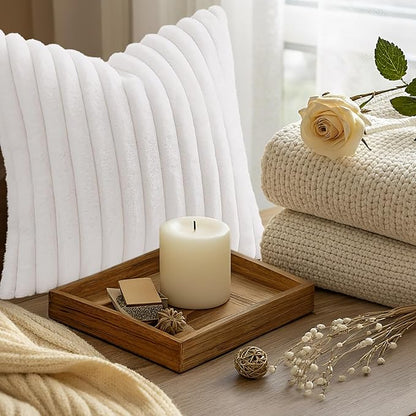 decorUhome Summer Cozy Faux Fur Throw Pillow Covers 12x20 Set of 2 Decorative Soft Plush Striped Lumbar Modern Farmhouse Boho Couch Pillow Cases with Velvet Back for Sofa Bed Living Room, White