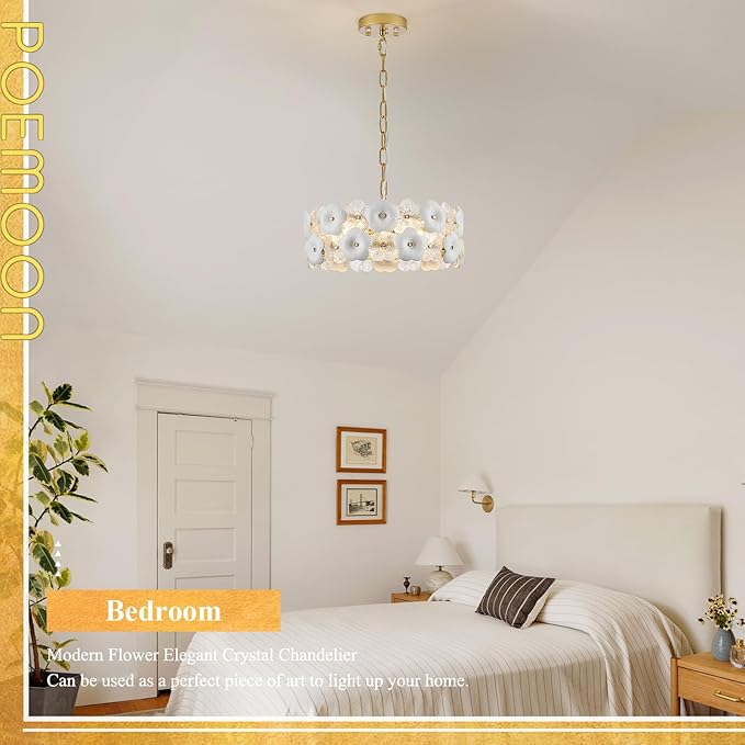 Flower Elegant Glass Chandeliers 4-Lights Modern Gold 14" Pendant Light Fixture for Kitchen Island Dining Room Bedroom Entryway Hallway, G9