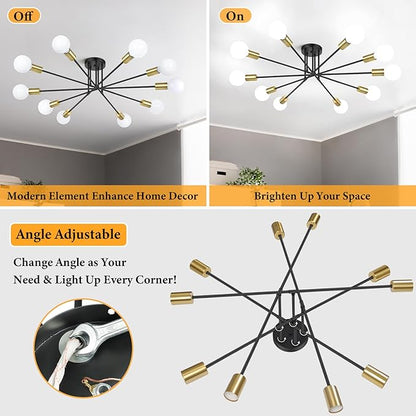 Semi Flush Mount Ceiling Light Fixture, 10-Light Modern Black and Gold Sputnik Chandelier Industrial Ceiling Lamp for Kitchen Dining Room Living Room Bedroom Foyer