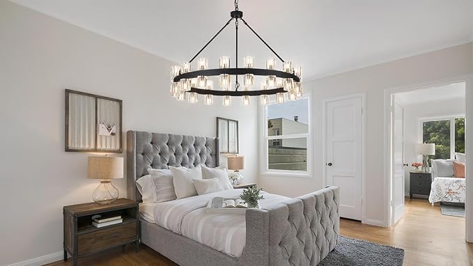 36 Inch Black Wagon Wheel Chandelier with 36 Lights Crystal Shade, Modern Farmhouse Round High Ceilings Pendant Light Fixture for Living/Dining Room, Kitchen, Bedroom, Foyer
