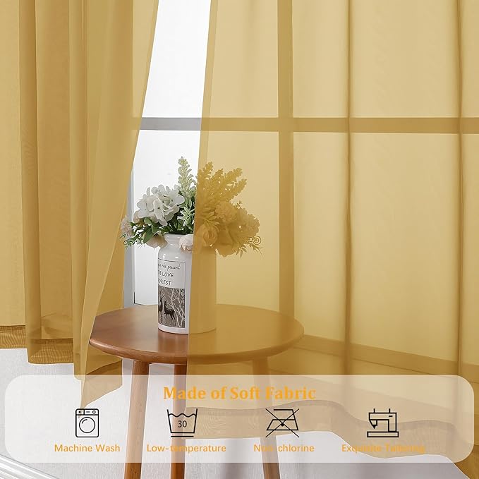 Gwine Gold Sheer Curtains 63 Inch Length for Living Room 2 Panels, Light Filtering Rod Pocket Window Curtain Treatment for Bedroom, Voile Elegant Sheer Drapes，Each 42" Wx63 L, Gold